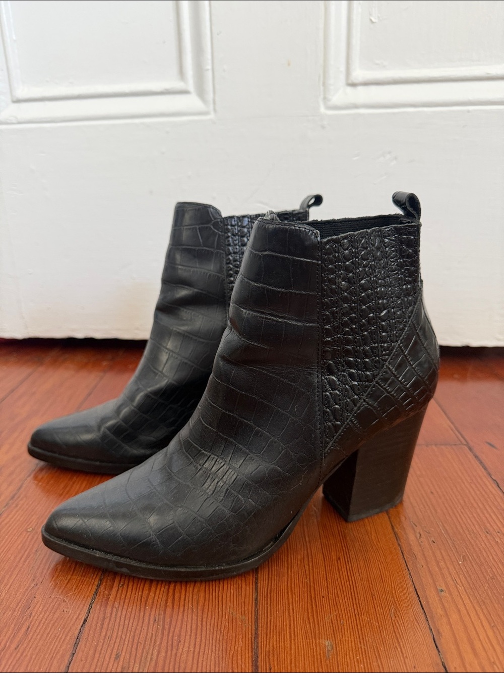 Steve Madden Black Croc-Embossed Pointed Ankle Booties
